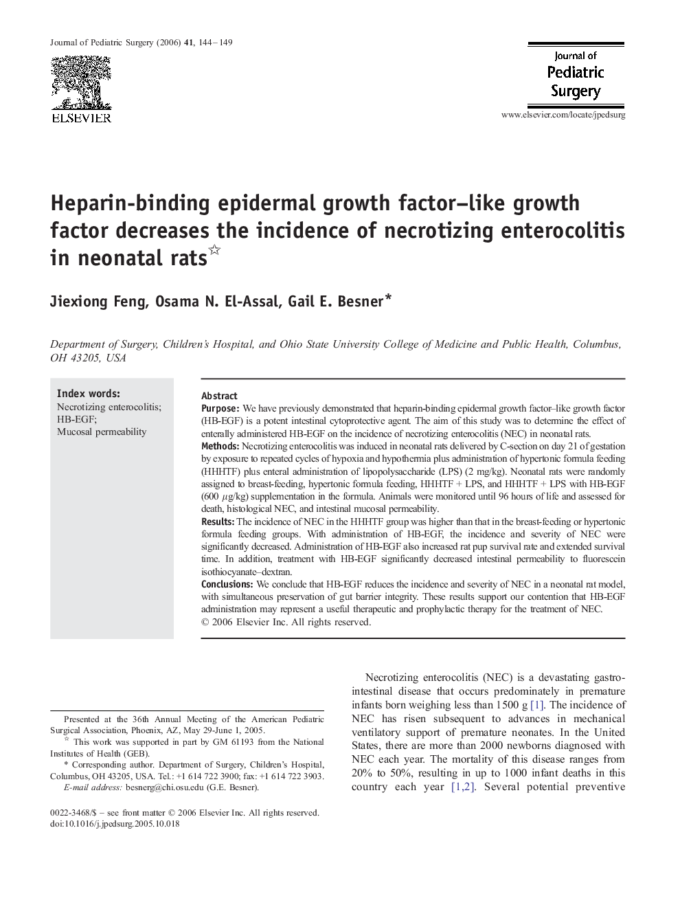 Heparin-binding epidermal growth factor–like growth factor decreases the incidence of necrotizing enterocolitis in neonatal rats 