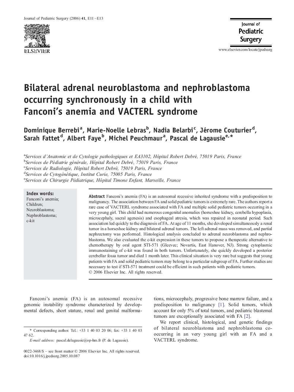 Bilateral adrenal neuroblastoma and nephroblastoma occurring synchronously in a child with Fanconi's anemia and VACTERL syndrome