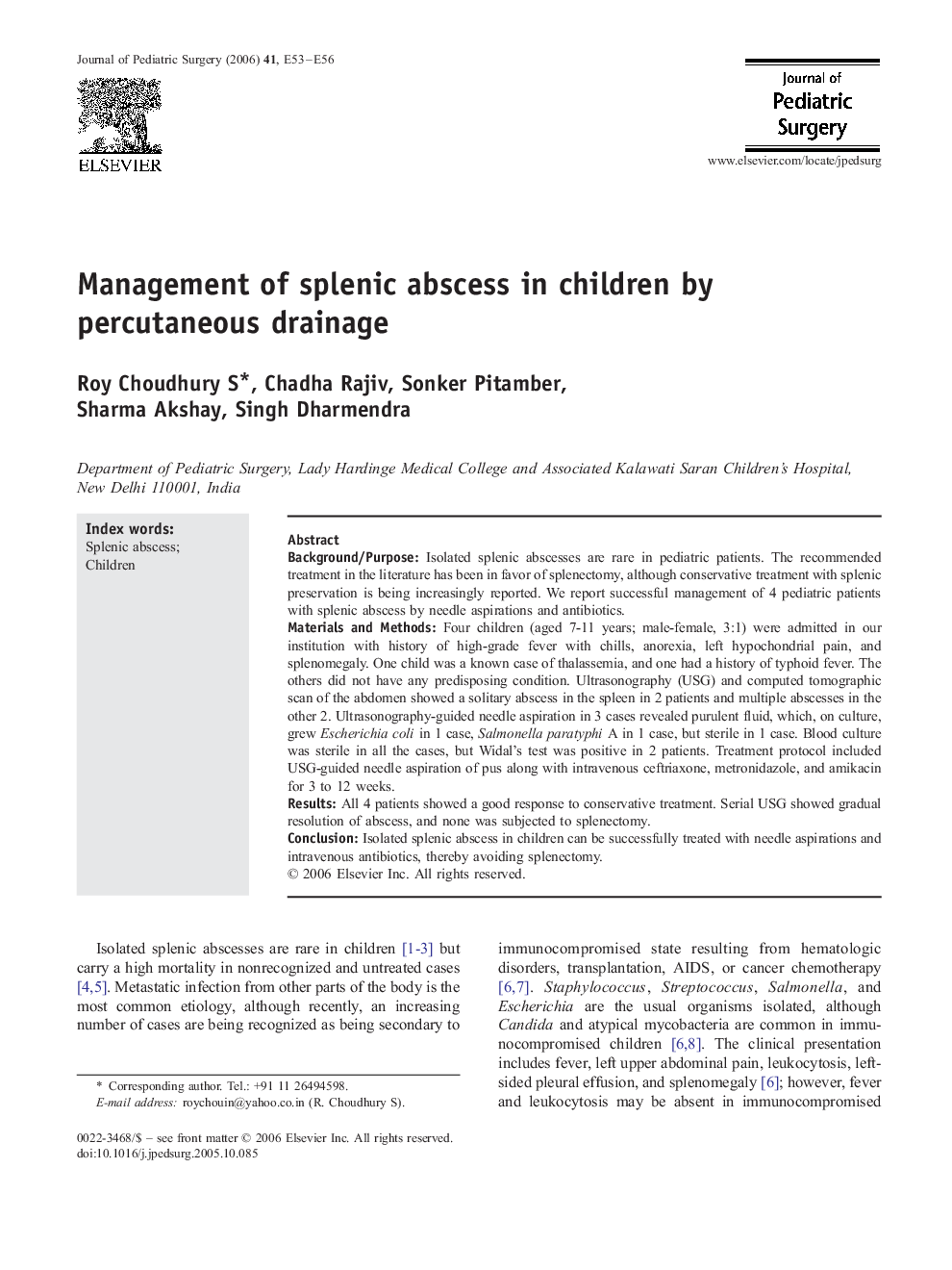 Management of splenic abscess in children by percutaneous drainage