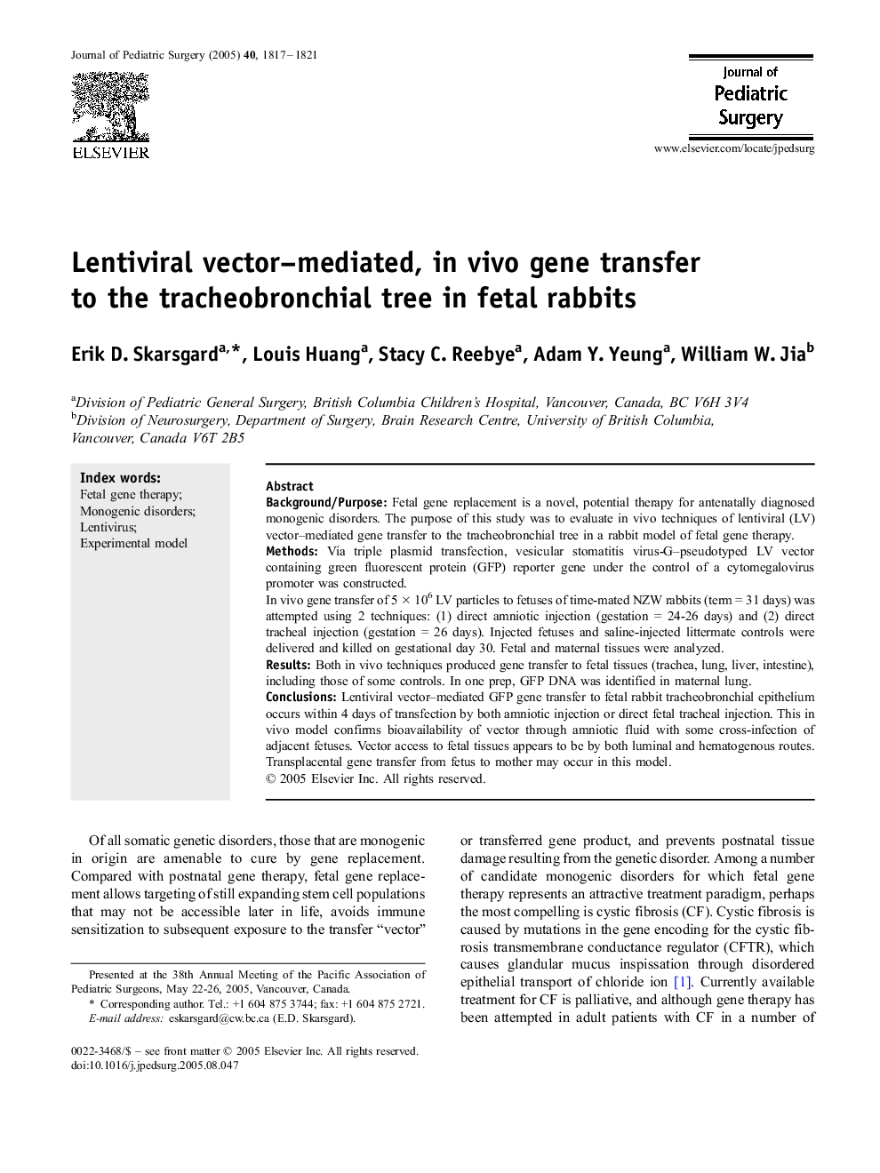 Lentiviral vector–mediated, in vivo gene transfer to the tracheobronchial tree in fetal rabbits 