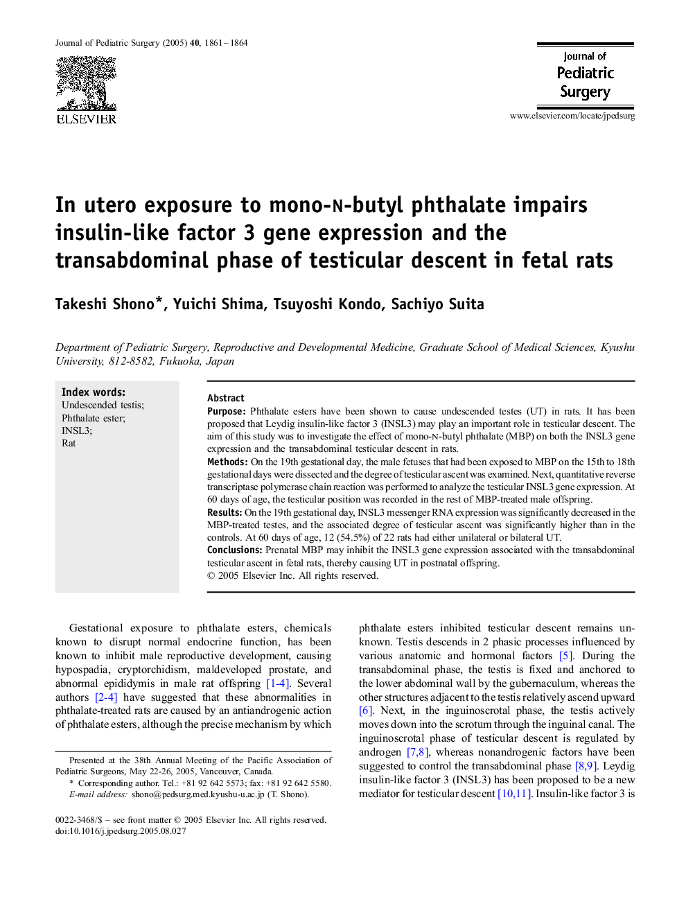 In utero exposure to mono-n-butyl phthalate impairs insulin-like factor 3 gene expression and the transabdominal phase of testicular descent in fetal rats 