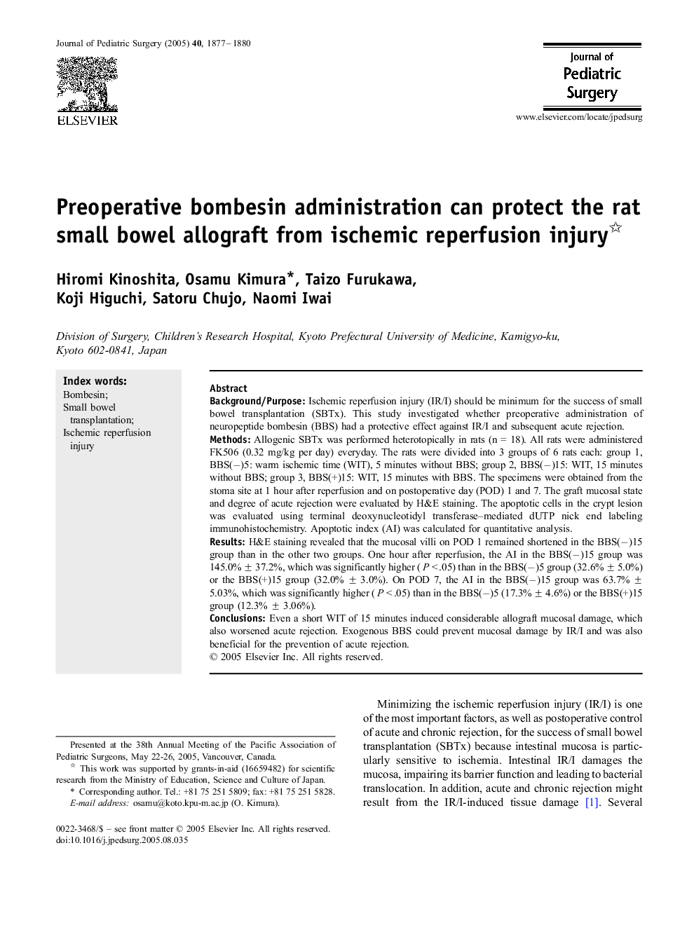 Preoperative bombesin administration can protect the rat small bowel allograft from ischemic reperfusion injury 