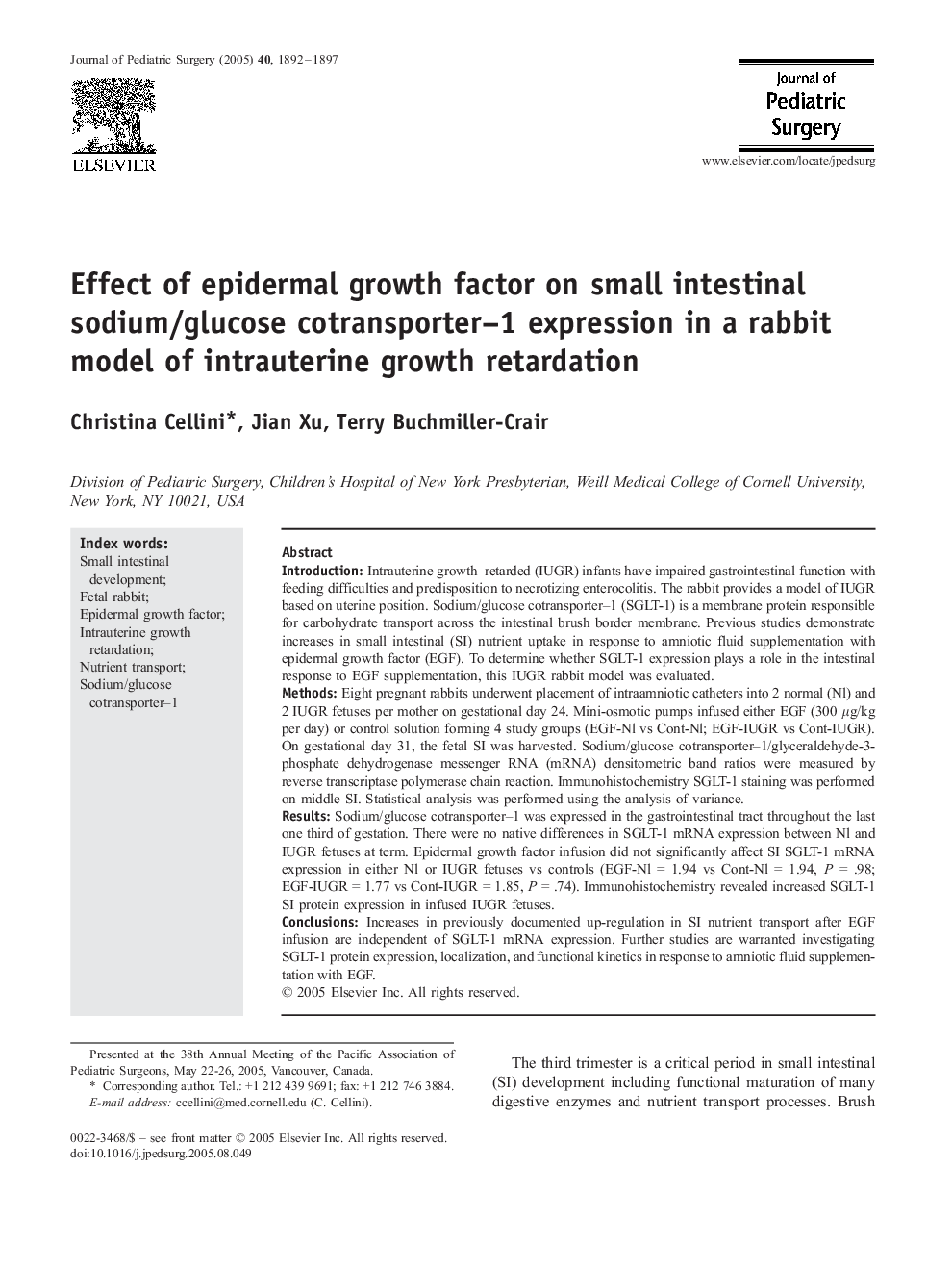 Effect of epidermal growth factor on small intestinal sodium/glucose cotransporter–1 expression in a rabbit model of intrauterine growth retardation 