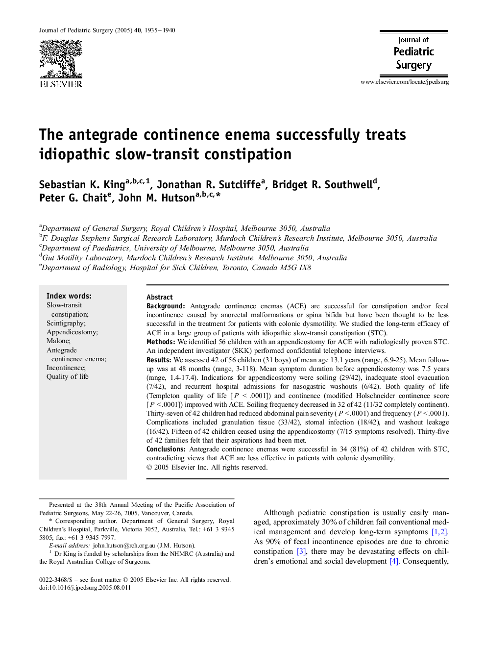 The antegrade continence enema successfully treats idiopathic slow-transit constipation 