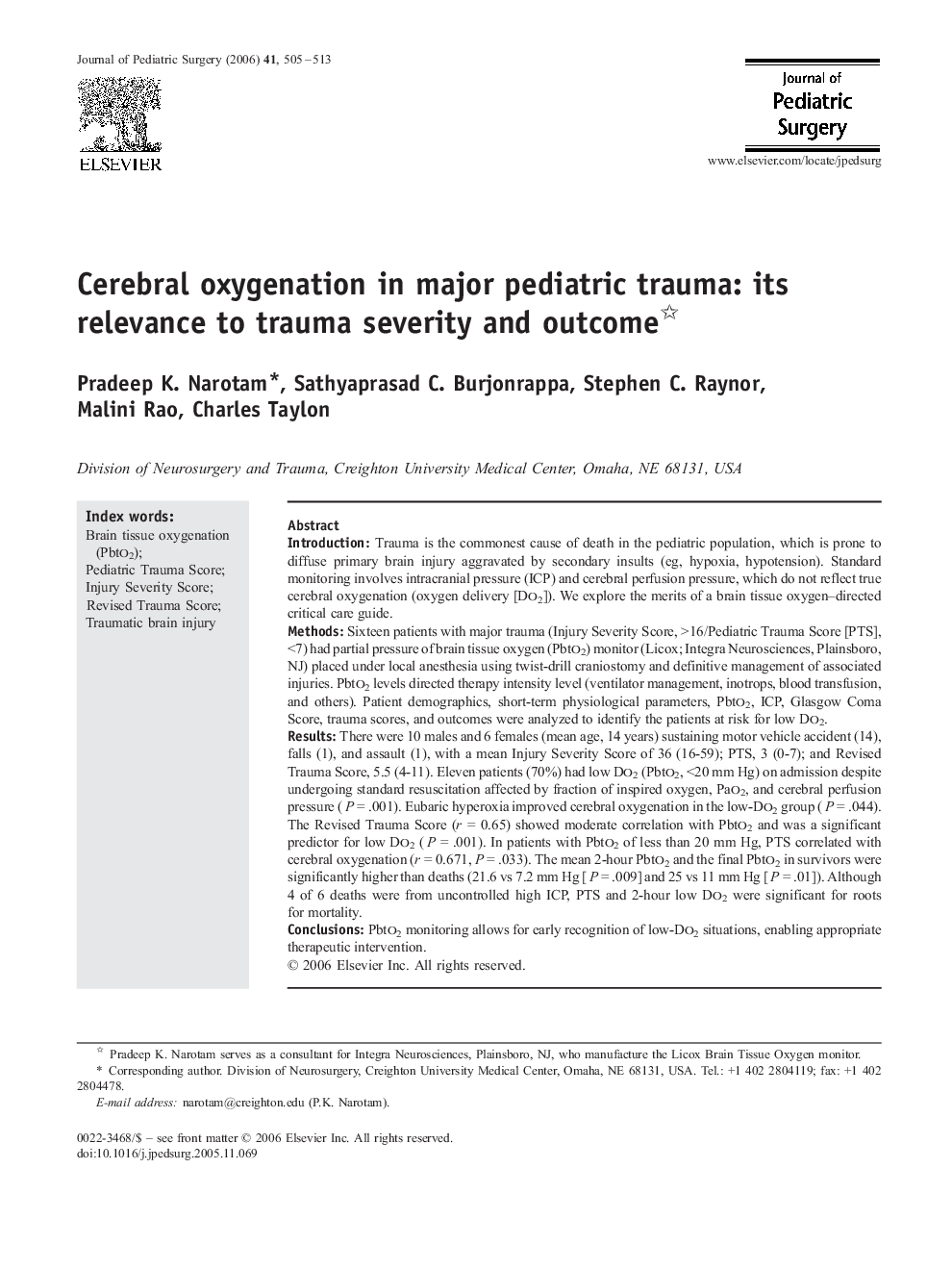 Cerebral oxygenation in major pediatric trauma: its relevance to trauma severity and outcome 