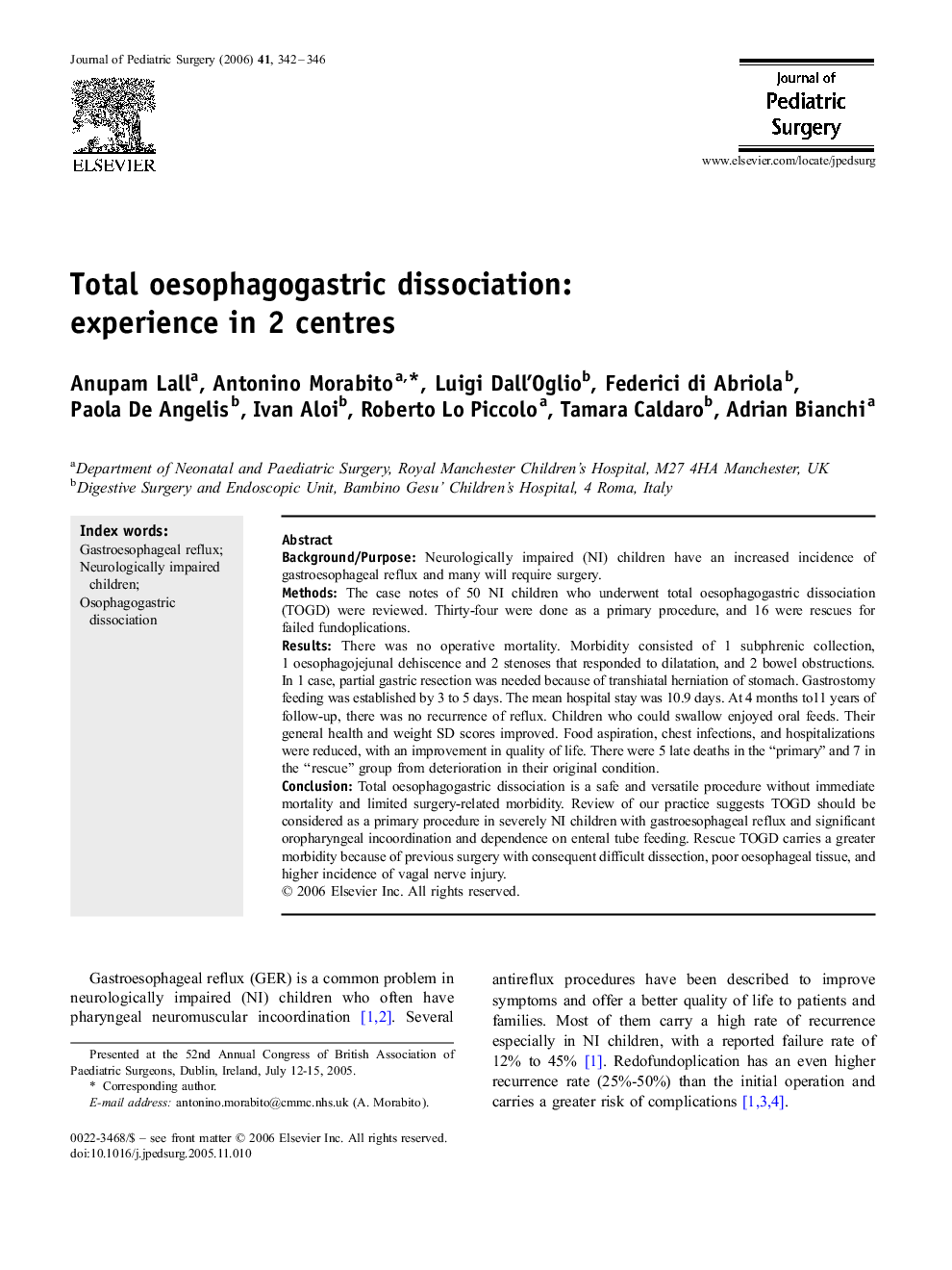 Total oesophagogastric dissociation: experience in 2 centres 