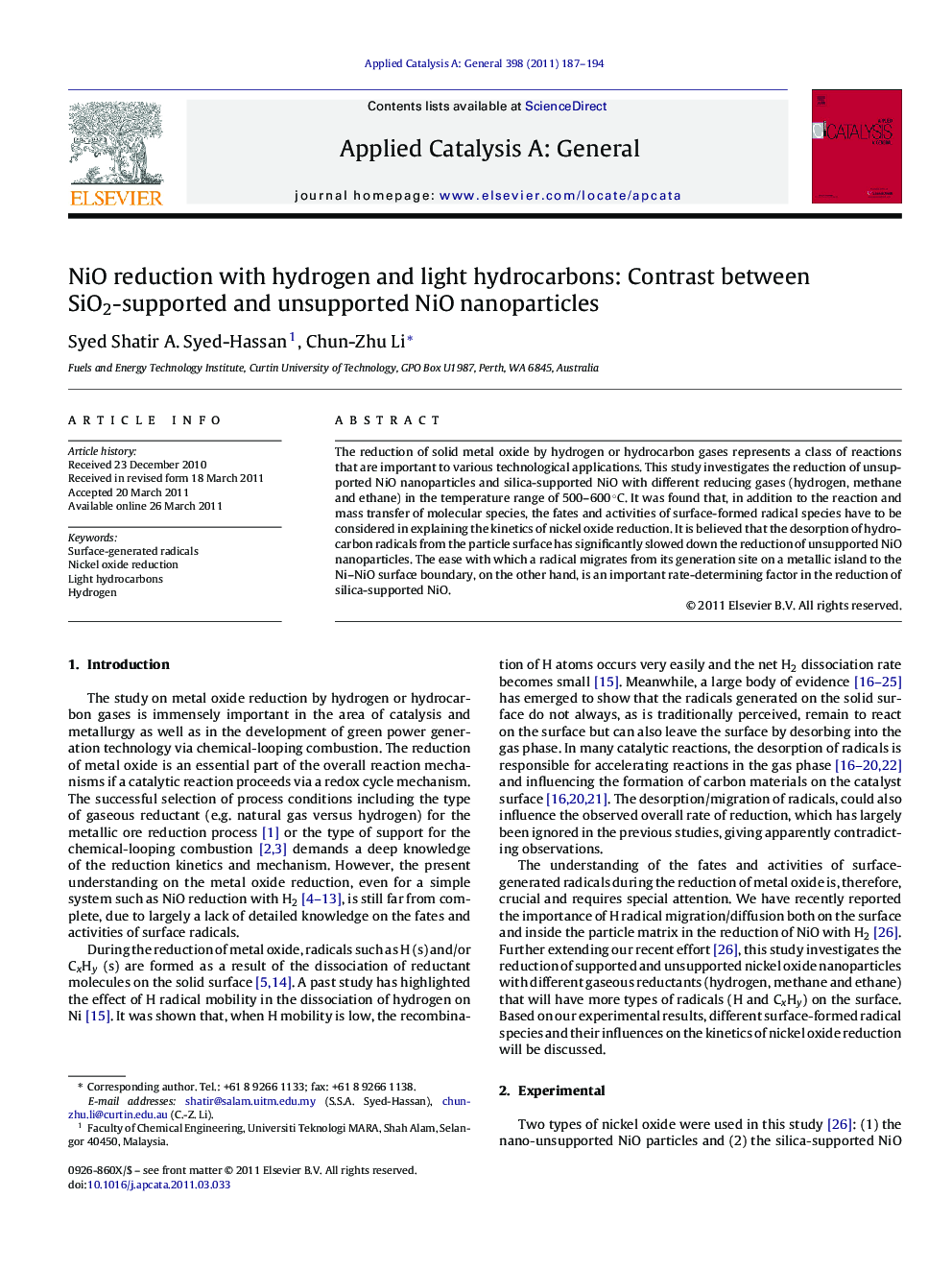 NiO reduction with hydrogen and light hydrocarbons: Contrast between SiO2-supported and unsupported NiO nanoparticles