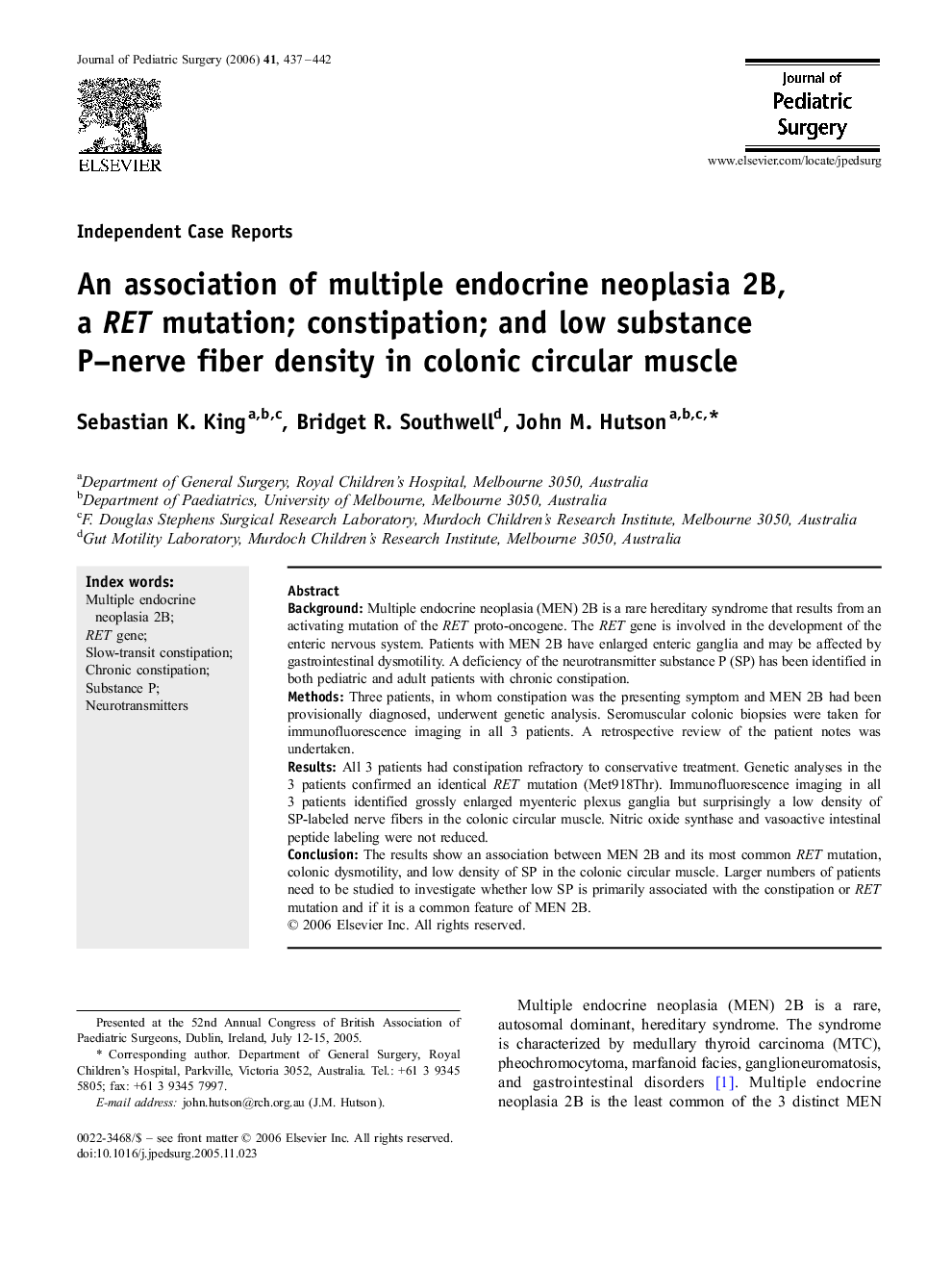 An association of multiple endocrine neoplasia 2B, a RET mutation; constipation; and low substance P–nerve fiber density in colonic circular muscle 