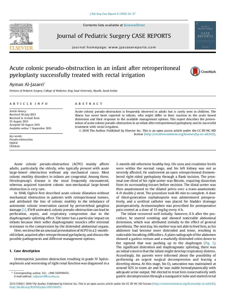 Acute colonic pseudo-obstruction in an infant after retroperitoneal pyeloplasty successfully treated with rectal irrigation