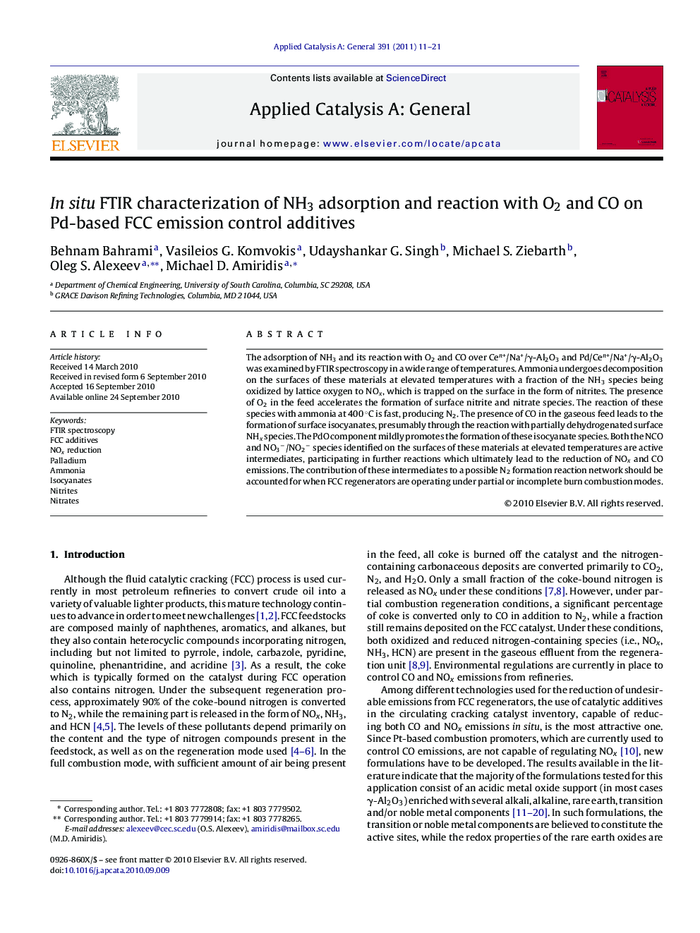 In situ FTIR characterization of NH3 adsorption and reaction with O2 and CO on Pd-based FCC emission control additives