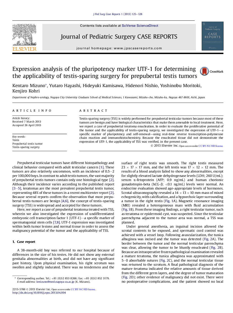 Expression analysis of the pluripotency marker UTF-1 for determining the applicability of testis-sparing surgery for prepubertal testis tumors