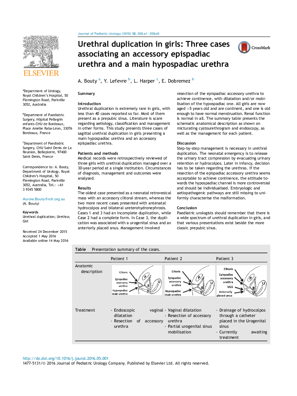 Urethral duplication in girls: Three cases associating an accessory epispadiac urethra and a main hypospadiac urethra