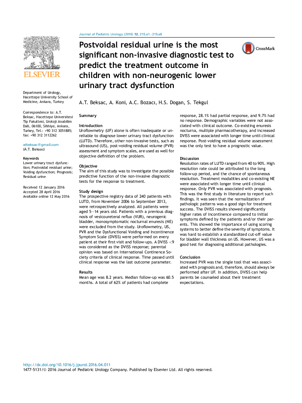 Postvoidal residual urine is the most significant non-invasive diagnostic test to predict the treatment outcome in children with non-neurogenic lower urinary tract dysfunction