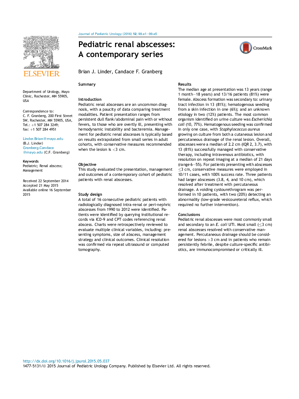 Pediatric renal abscesses: AÂ contemporary series