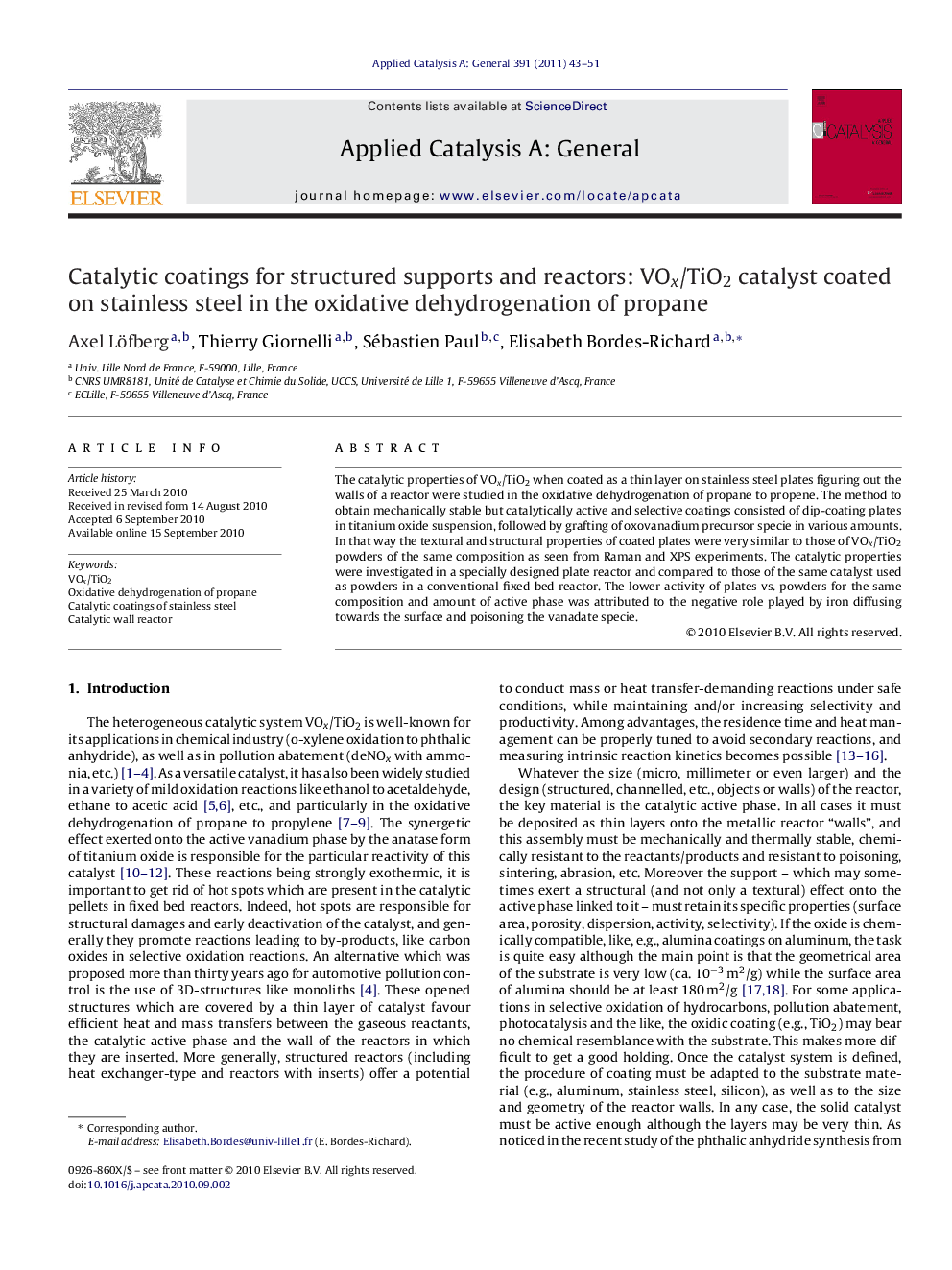 Catalytic coatings for structured supports and reactors: VOx/TiO2 catalyst coated on stainless steel in the oxidative dehydrogenation of propane