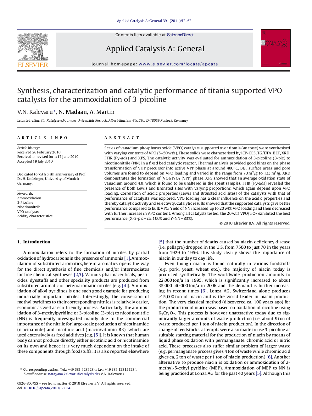 Synthesis, characterization and catalytic performance of titania supported VPO catalysts for the ammoxidation of 3-picoline