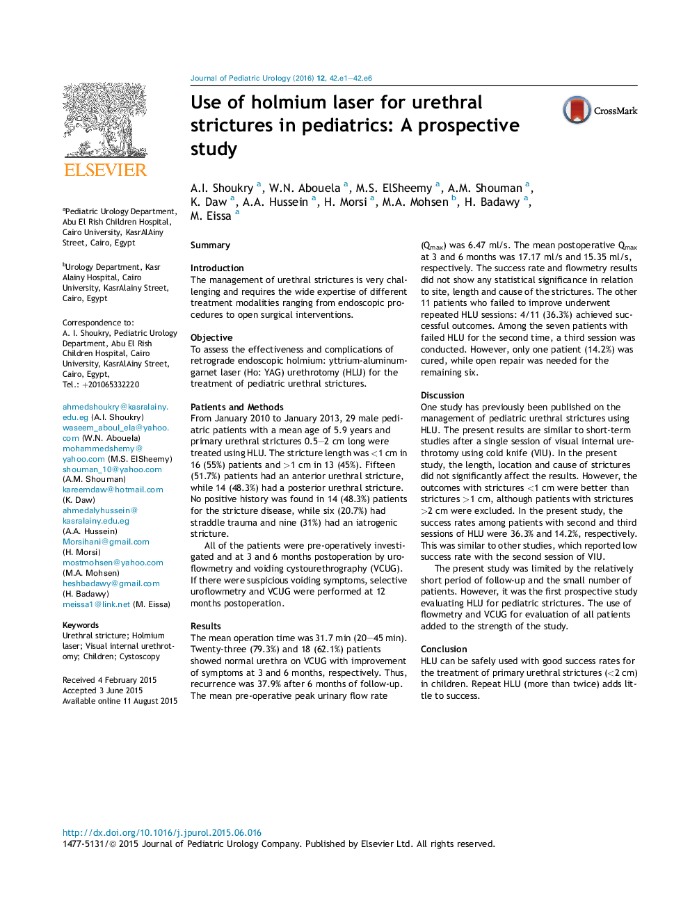 Use of holmium laser for urethral strictures in pediatrics: A prospective study