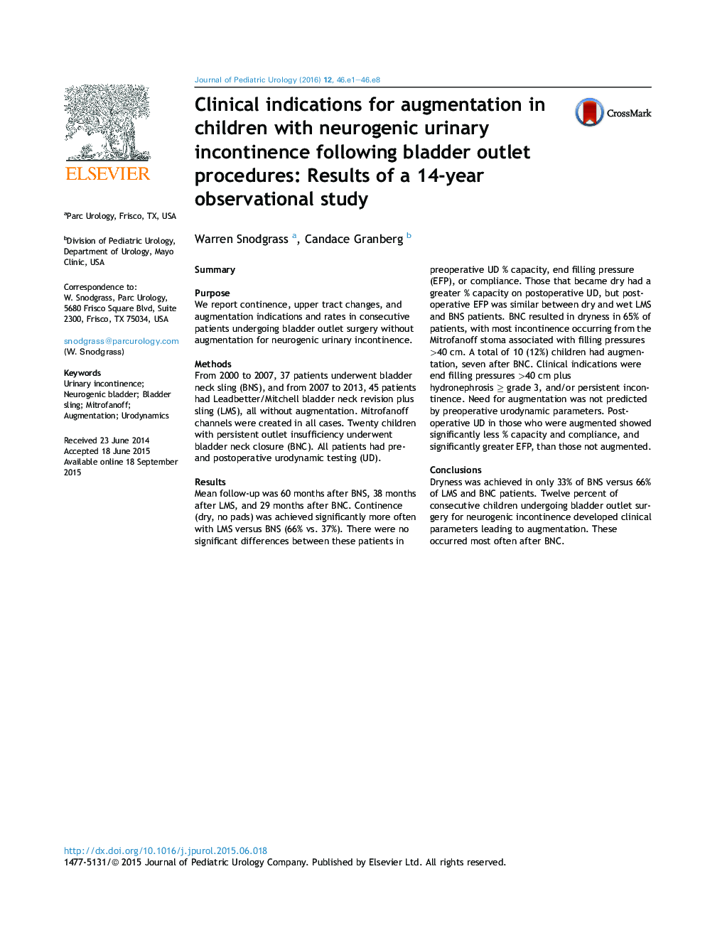 Clinical indications for augmentation in children with neurogenic urinary incontinence following bladder outlet procedures: Results of a 14-year observational study