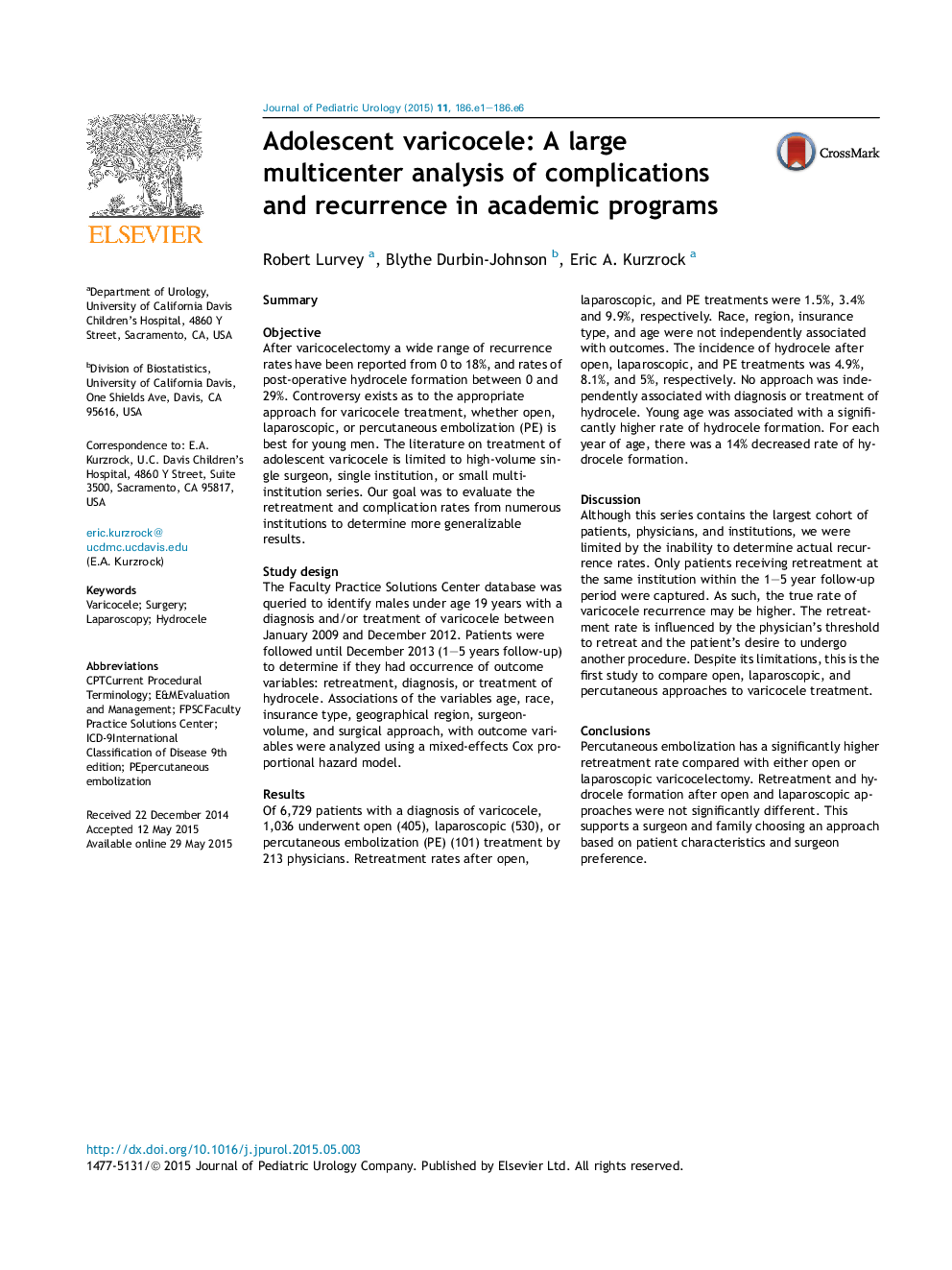 Adolescent varicocele: A large multicenter analysis of complications and recurrence in academic programs