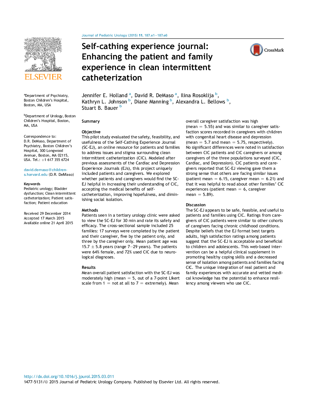 Self-cathing experience journal: Enhancing the patient and family experience in clean intermittent catheterization