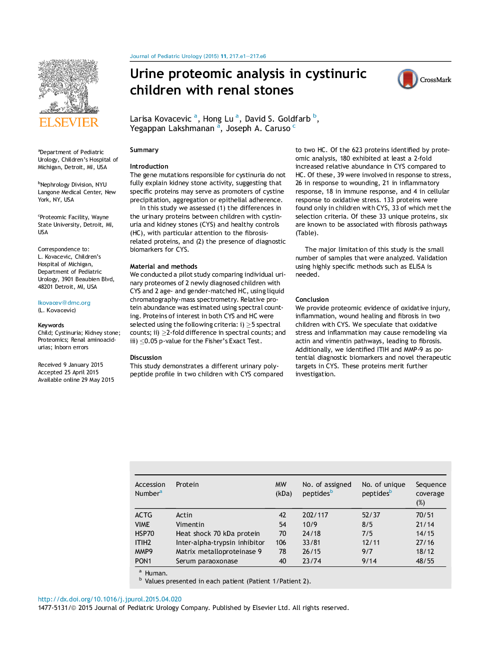 Urine proteomic analysis in cystinuric children with renal stones