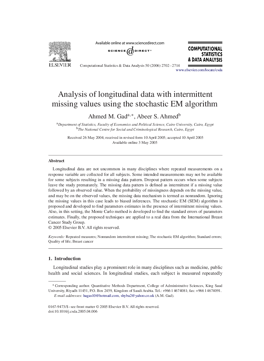 Analysis of longitudinal data with intermittent missing values using the stochastic EM algorithm