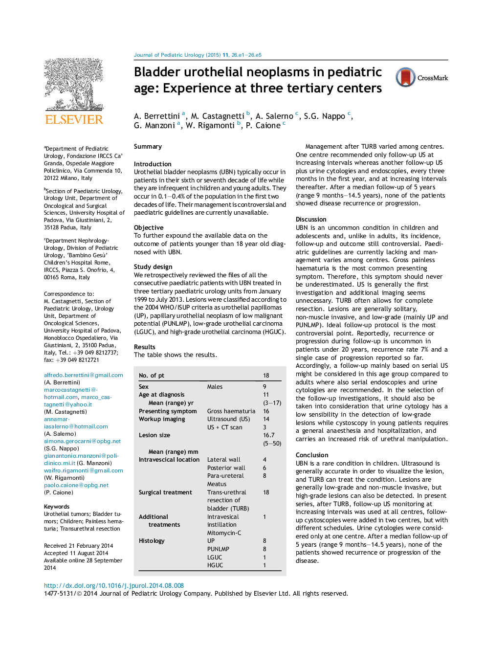 Bladder urothelial neoplasms in pediatric age: Experience at three tertiary centers