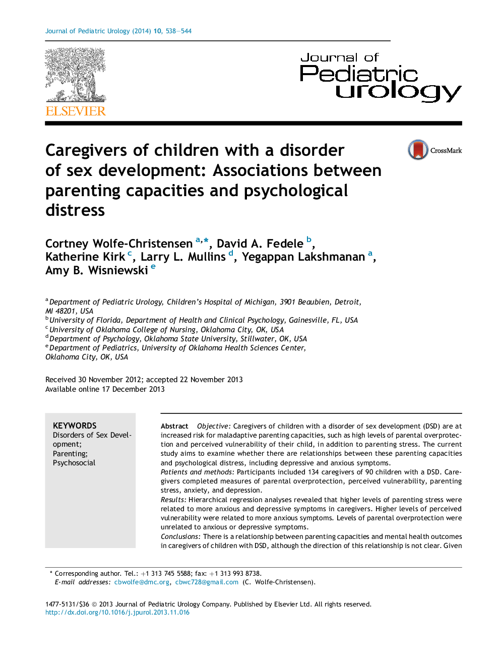 Caregivers of children with a disorder of sex development: Associations between parenting capacities and psychological distress