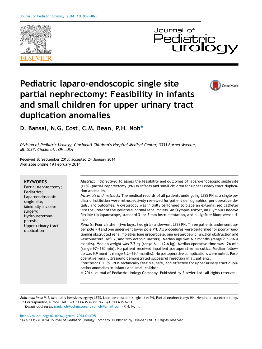 Pediatric laparo-endoscopic single site partial nephrectomy: Feasibility in infants and small children for upper urinary tract duplication anomalies