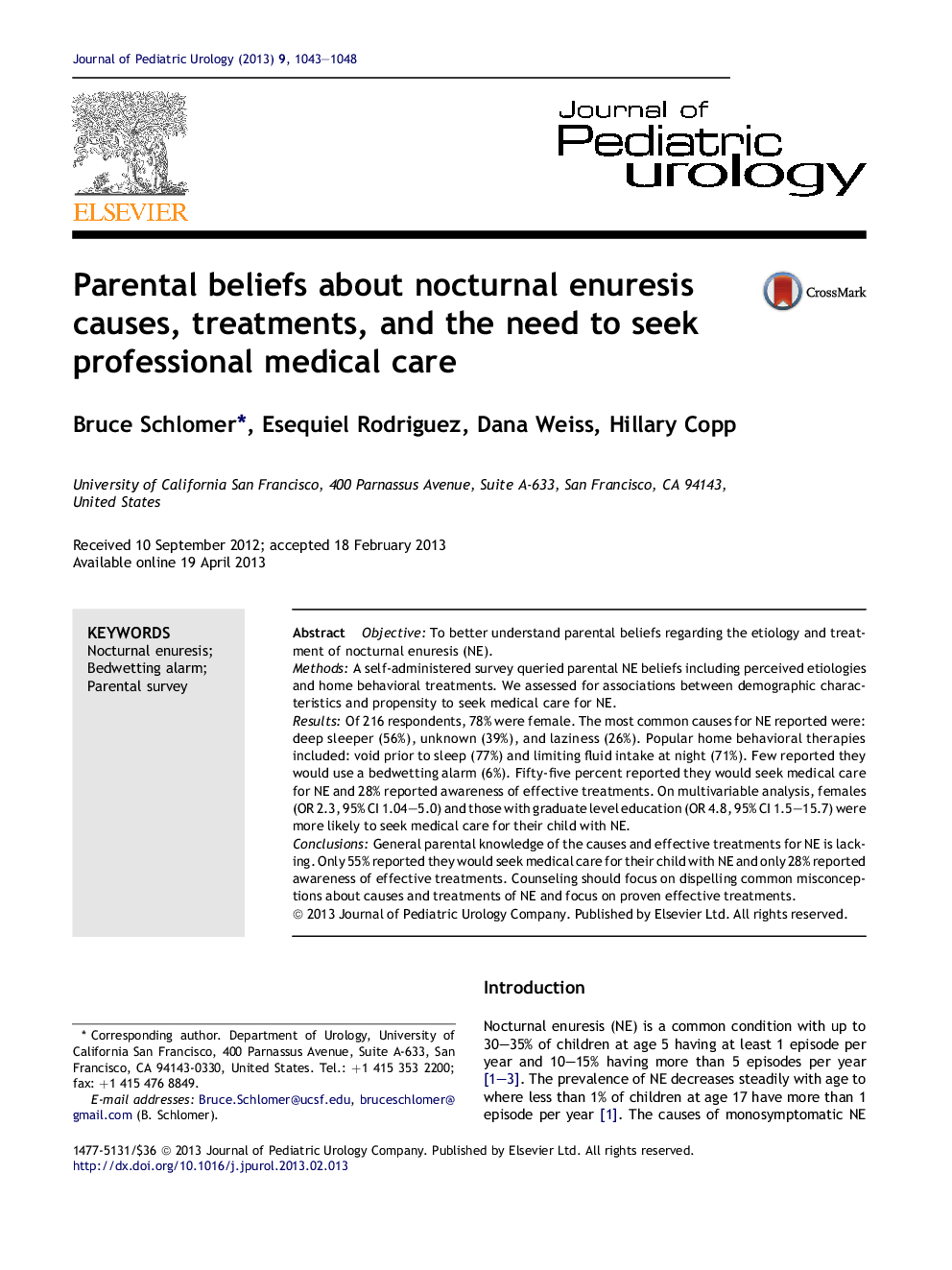 Parental beliefs about nocturnal enuresis causes, treatments, and the need to seek professional medical care