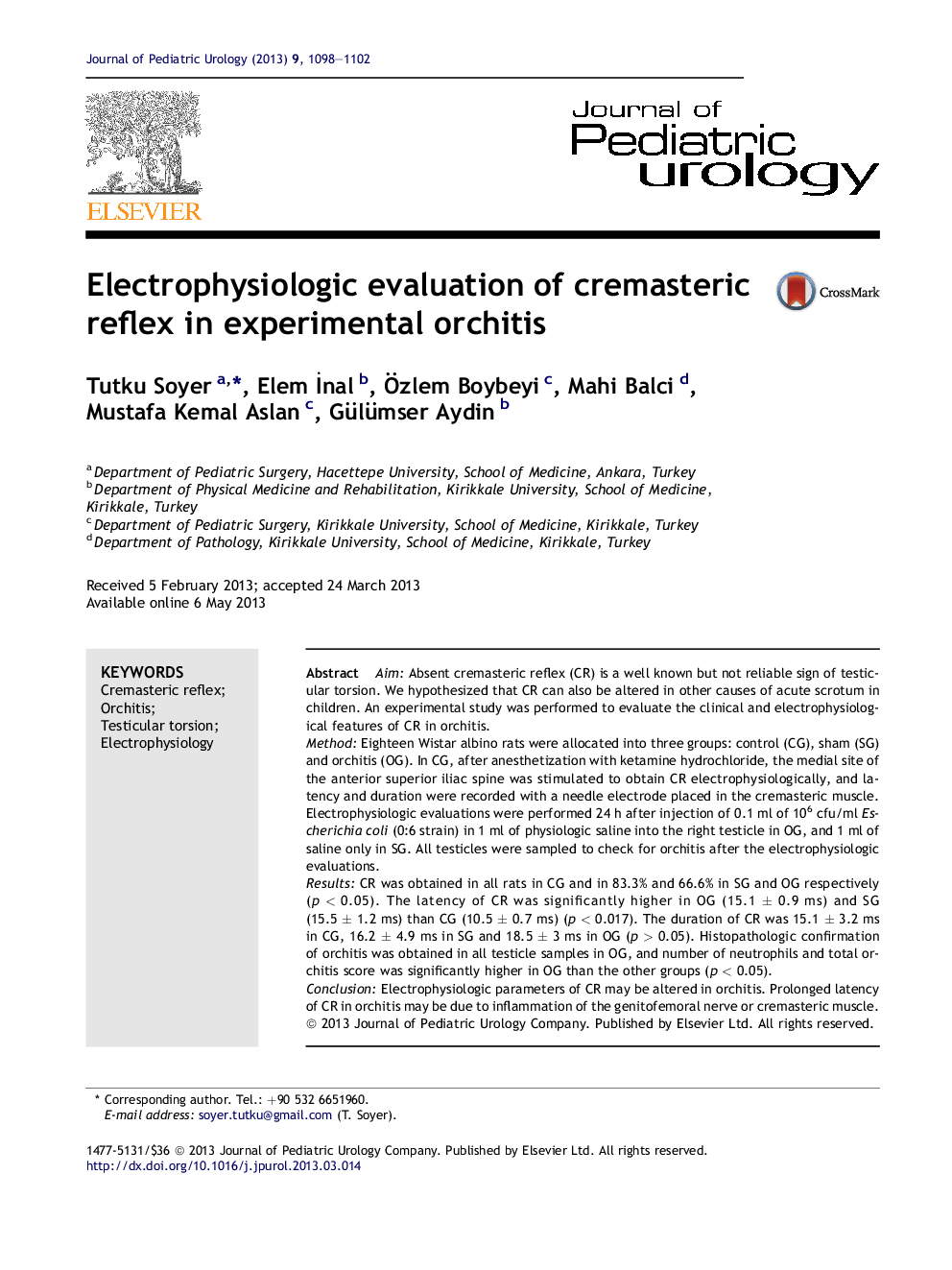 Electrophysiologic evaluation of cremasteric reflex in experimental orchitis