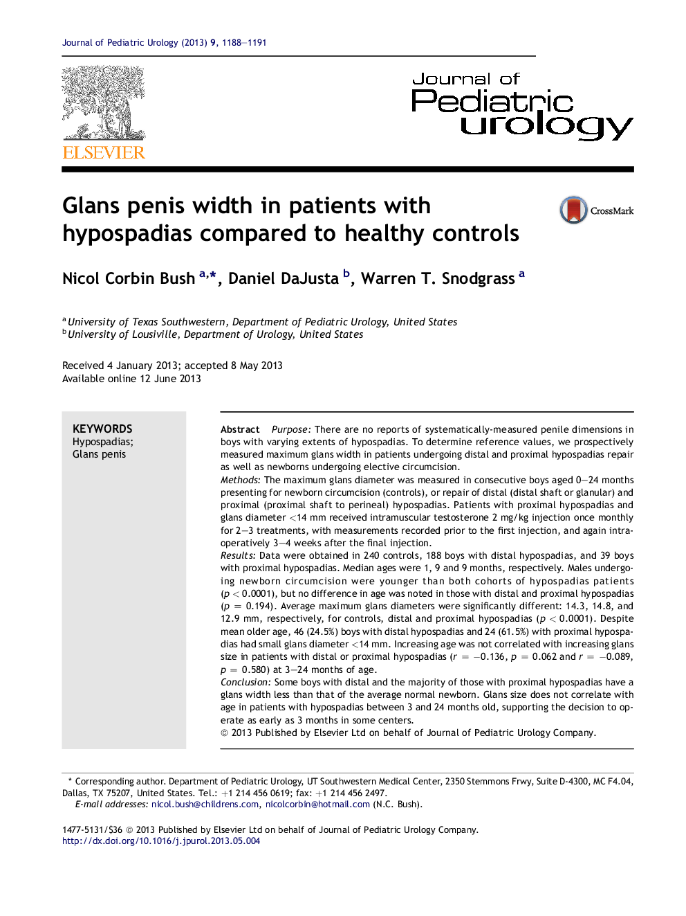 Glans penis width in patients with hypospadias compared to healthy controls