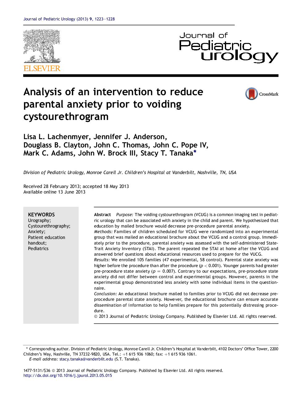 Analysis of an intervention to reduce parental anxiety prior to voiding cystourethrogram