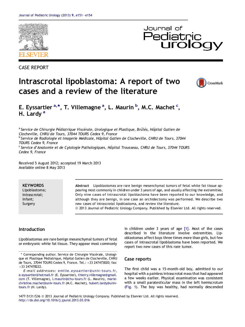 Intrascrotal lipoblastoma: A report of two cases and a review of the literature