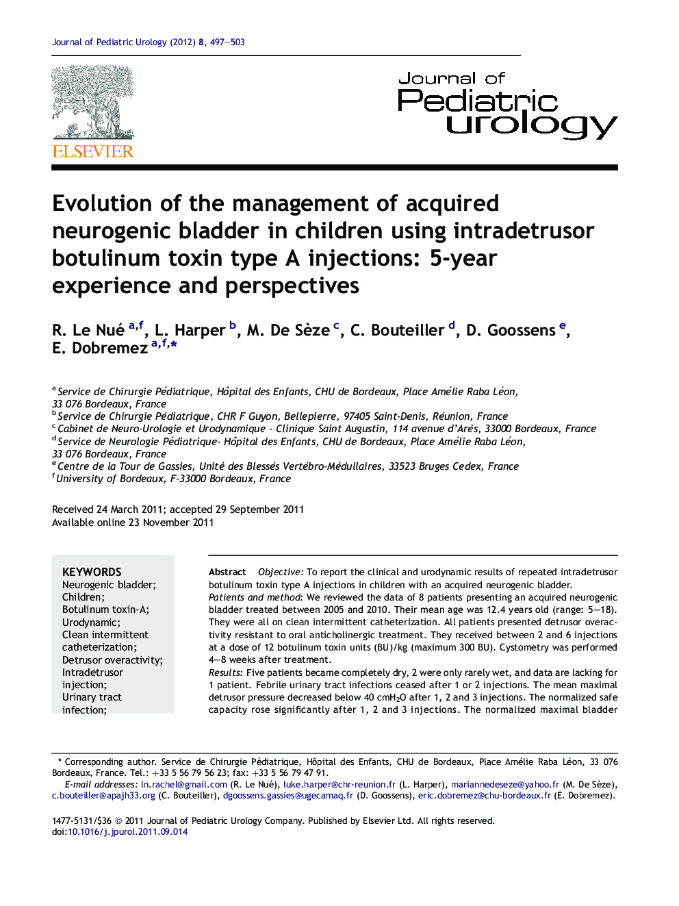 Evolution of the management of acquired neurogenic bladder in children using intradetrusor botulinum toxin type A injections: 5-year experience and perspectives