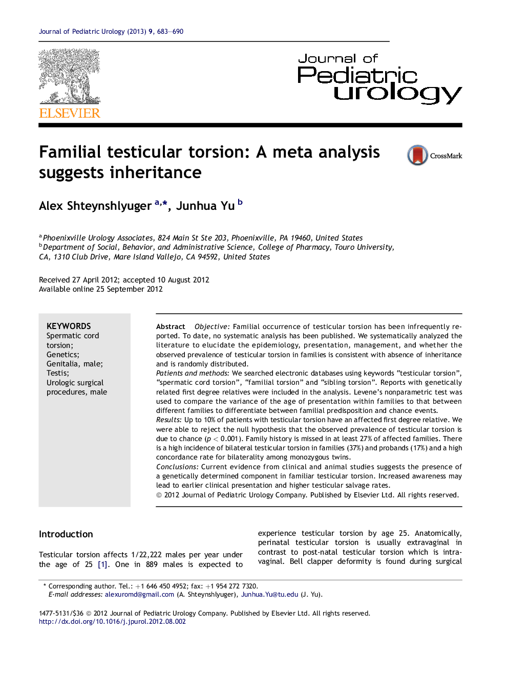 Familial testicular torsion: A meta analysis suggests inheritance