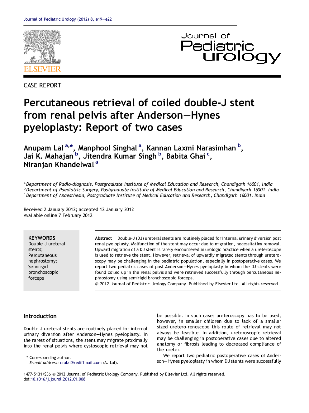 Percutaneous retrieval of coiled double-J stent from renal pelvis after Anderson–Hynes pyeloplasty: Report of two cases