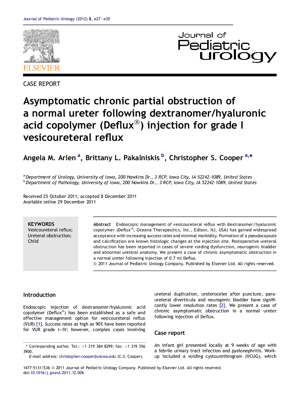 Asymptomatic chronic partial obstruction of a normal ureter following dextranomer/hyaluronic acid copolymer (Deflux®) injection for grade I vesicoureteral reflux