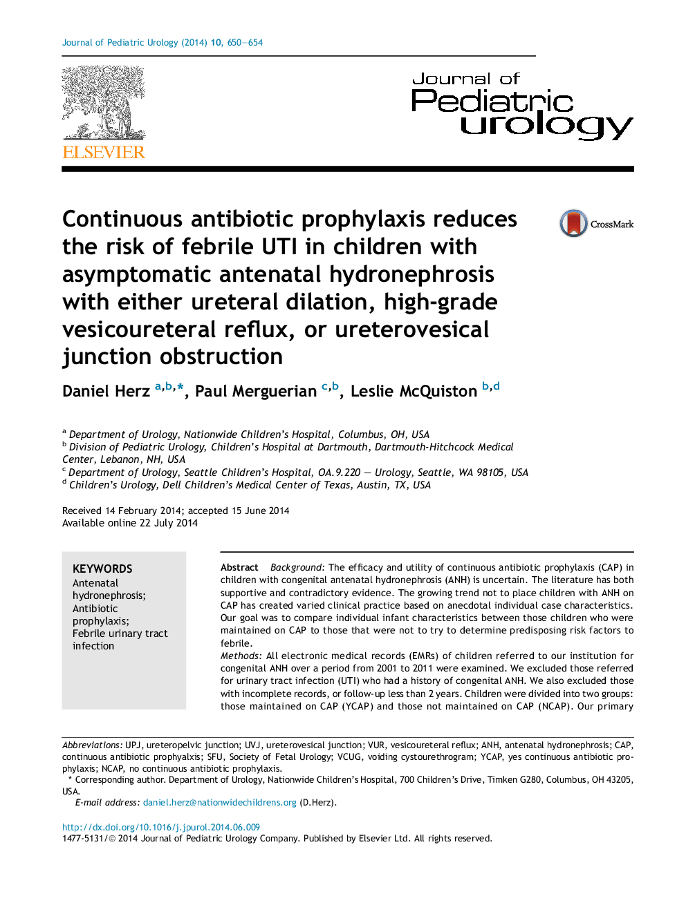 Continuous antibiotic prophylaxis reduces the risk of febrile UTI in children with asymptomatic antenatal hydronephrosis with either ureteral dilation, high-grade vesicoureteral reflux, or ureterovesical junction obstruction