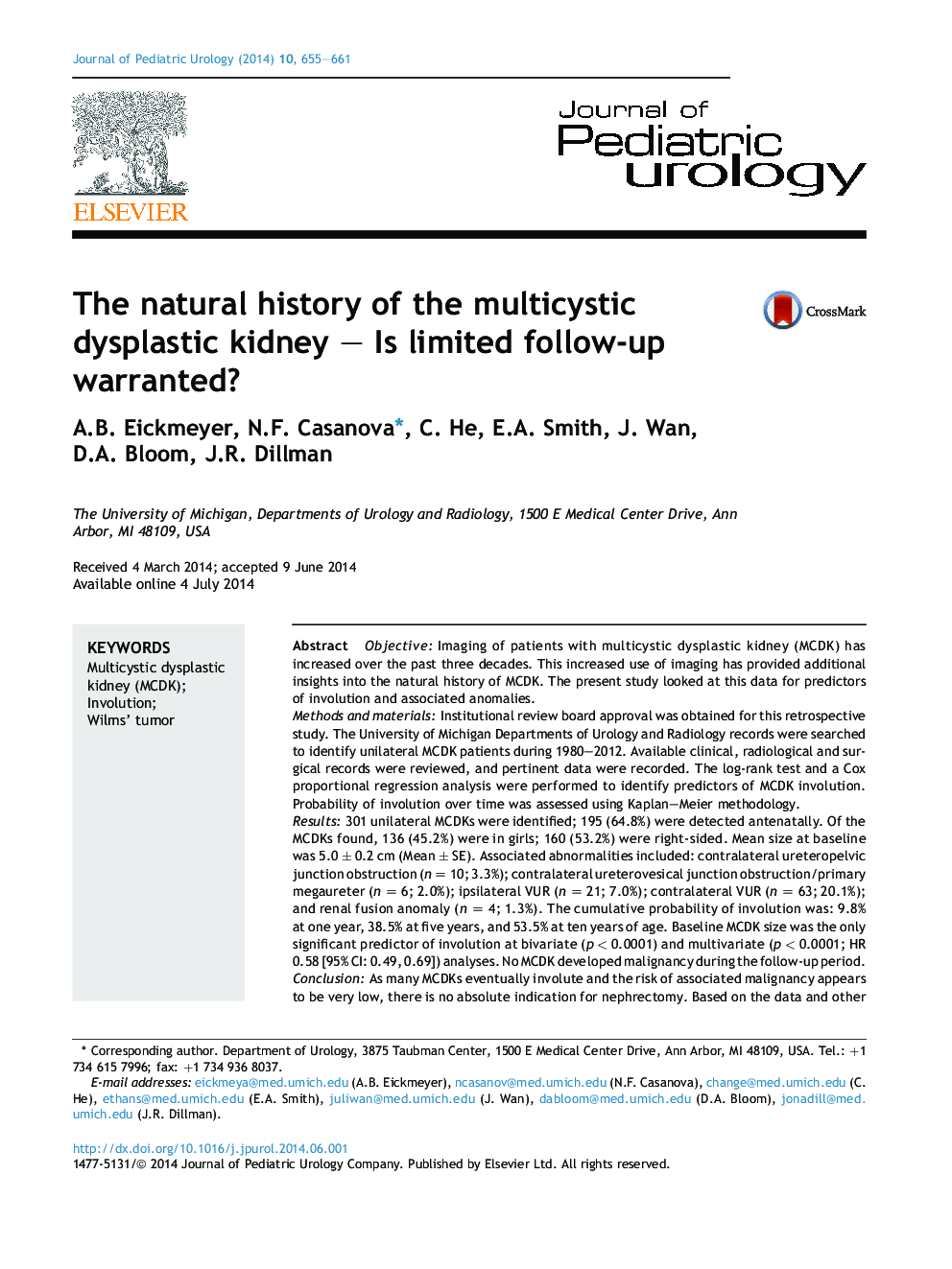 The natural history of the multicystic dysplastic kidney – Is limited follow-up warranted?