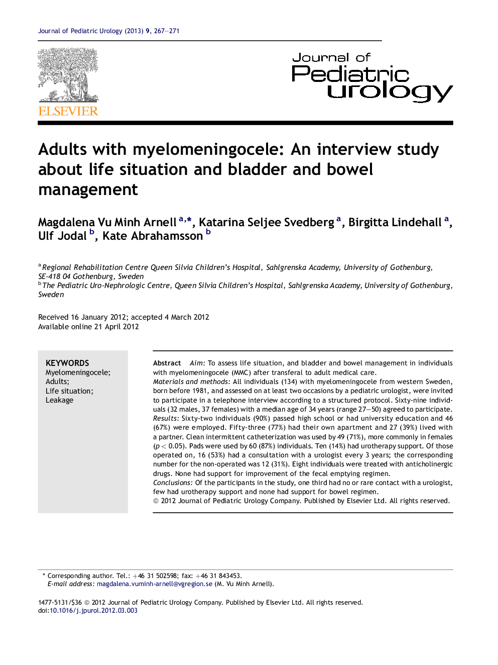 Adults with myelomeningocele: An interview study about life situation and bladder and bowel management