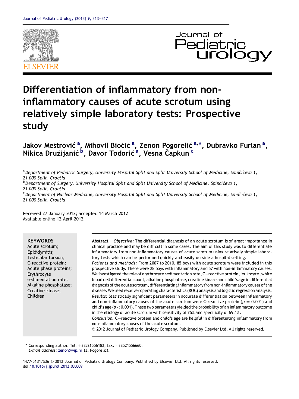 Differentiation of inflammatory from non-inflammatory causes of acute scrotum using relatively simple laboratory tests: Prospective study