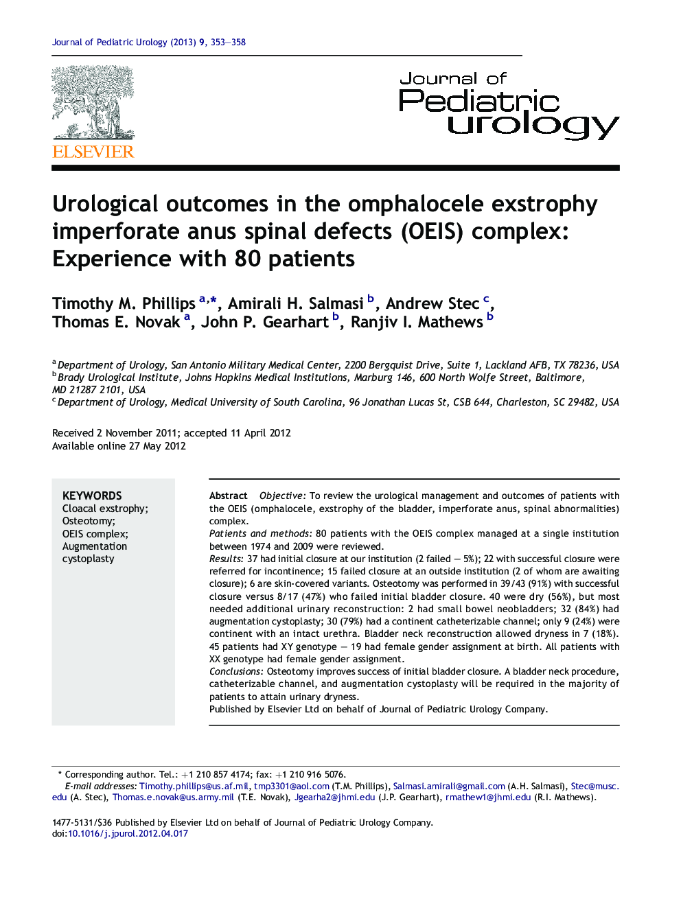 Urological outcomes in the omphalocele exstrophy imperforate anus spinal defects (OEIS) complex: Experience with 80 patients