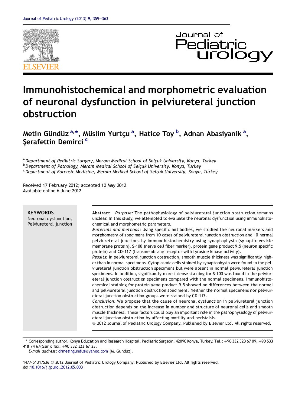 Immunohistochemical and morphometric evaluation of neuronal dysfunction in pelviureteral junction obstruction