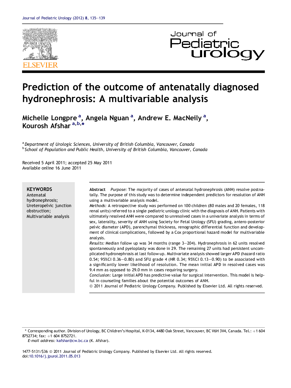 Prediction of the outcome of antenatally diagnosed hydronephrosis: A multivariable analysis