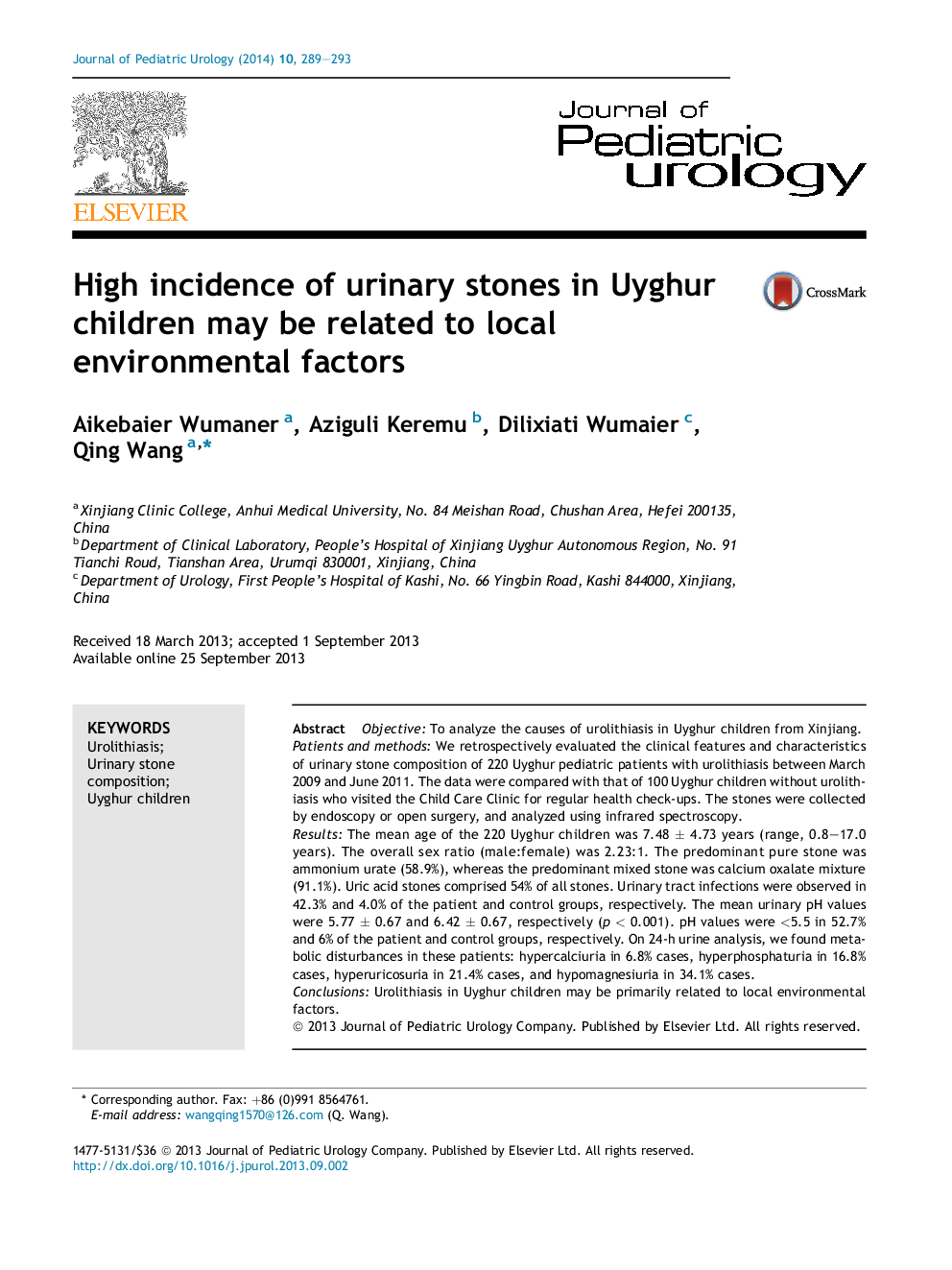 High incidence of urinary stones in Uyghur children may be related to local environmental factors