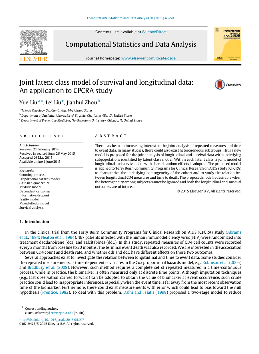 Joint latent class model of survival and longitudinal data: An application to CPCRA study