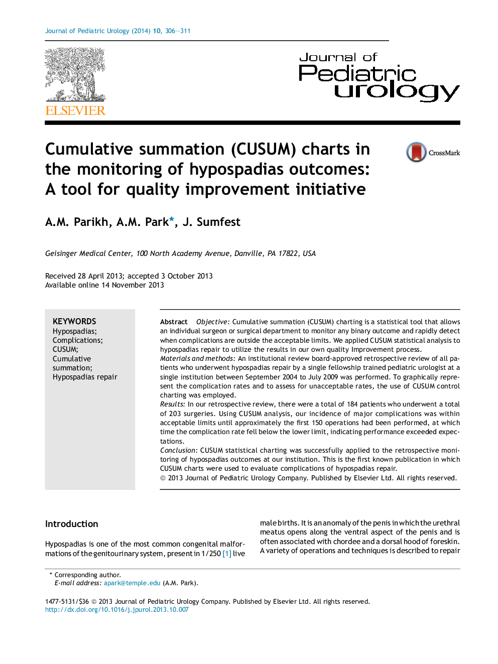 Cumulative summation (CUSUM) charts in the monitoring of hypospadias outcomes: A tool for quality improvement initiative