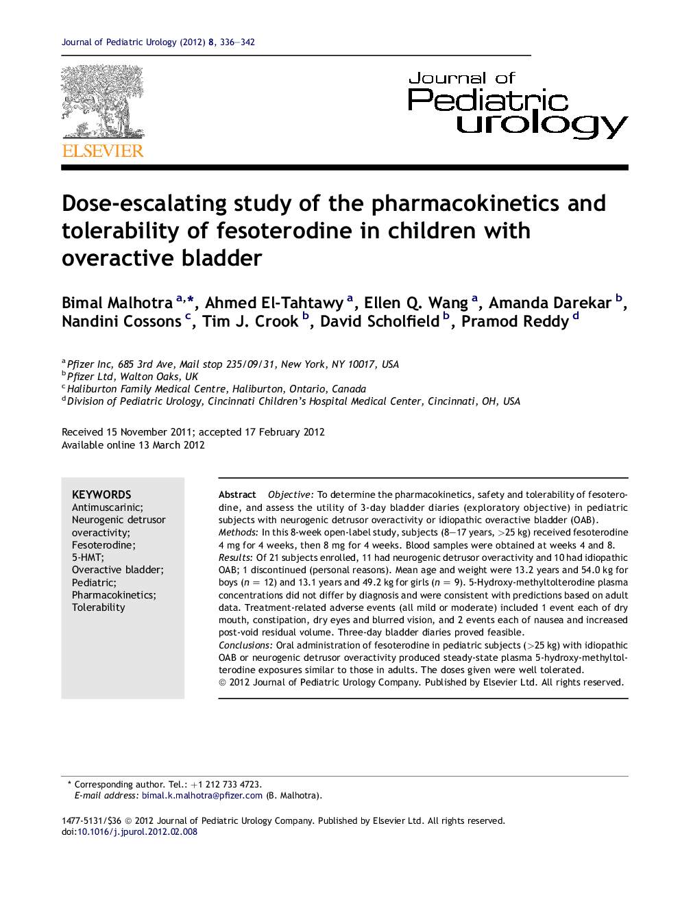 Dose-escalating study of the pharmacokinetics and tolerability of fesoterodine in children with overactive bladder