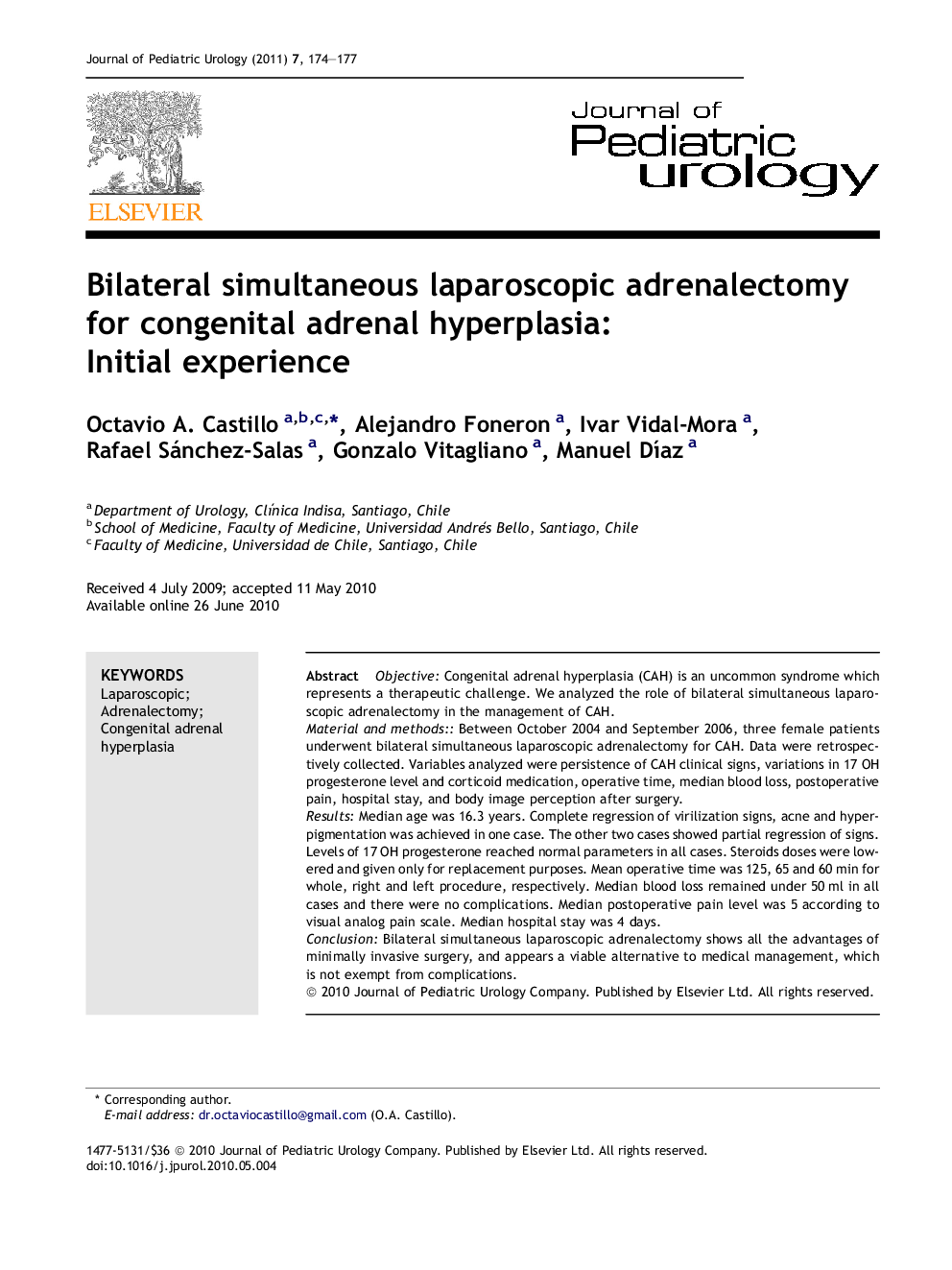 Bilateral simultaneous laparoscopic adrenalectomy for congenital adrenal hyperplasia: Initial experience